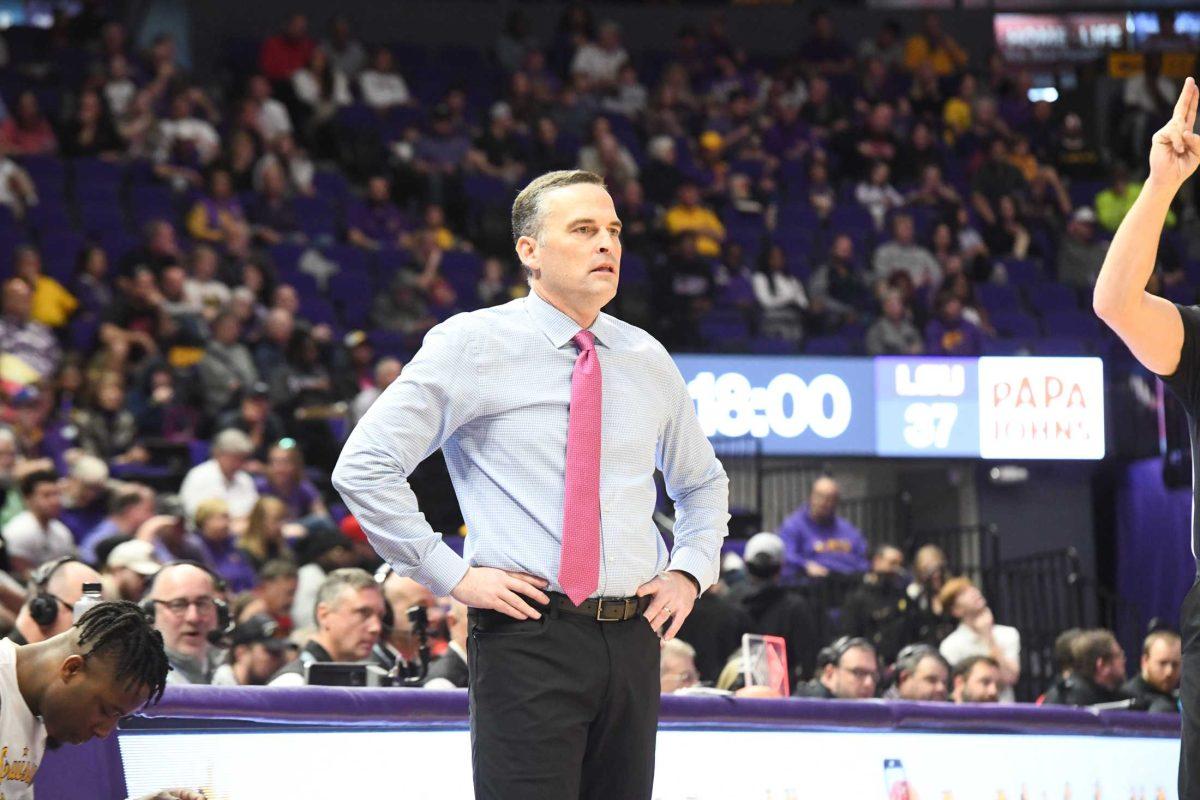 LSU men&#8217;s basketball head coach Matt McMahon looks on from the side on Saturday, Jan. 28, 2023, during LSU&#8217;s 76-68 loss to Texas Tech at the Pete Maravich Assembly Center in Baton Rouge, La.