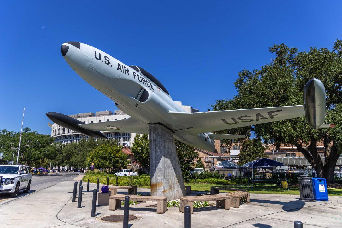 A U.S. Air Force T-33 jet sits Saturday, in memory of all LSU graduates who, as aviators, have died in the defense of their country Sept. 17, 2022, on LSU's campus.