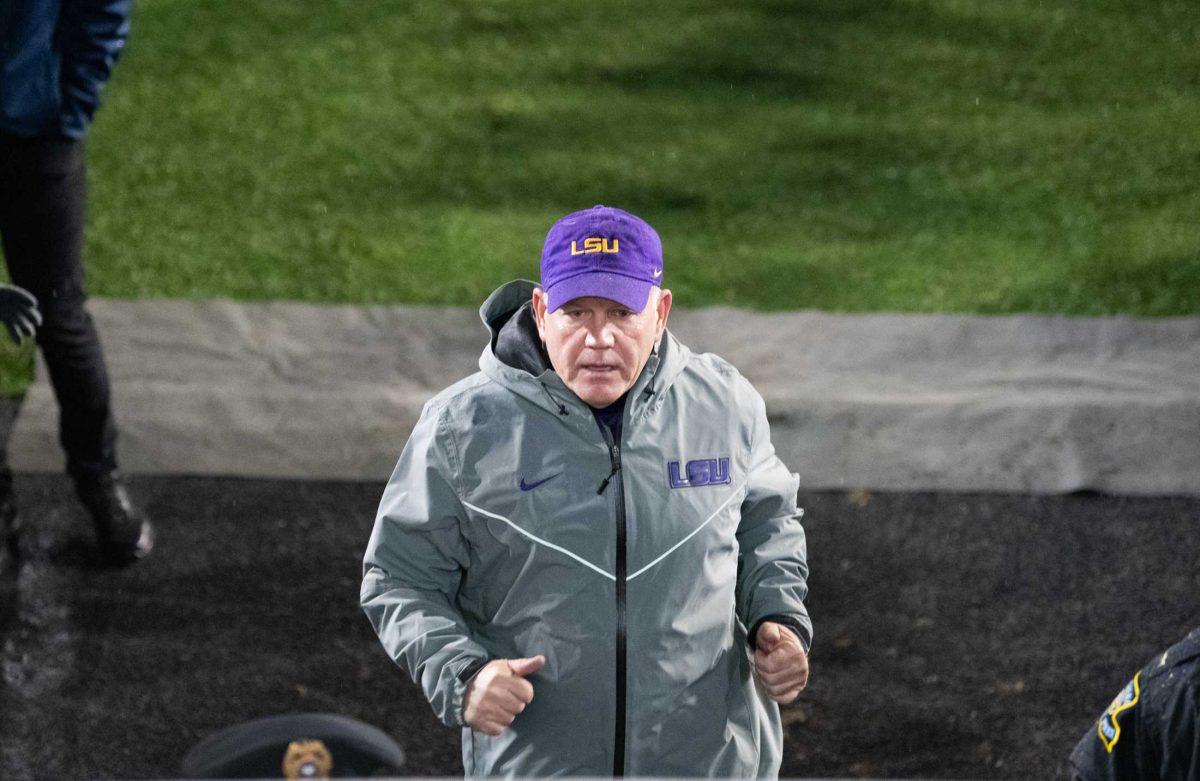 LSU head coach Brian Kelly runs into the tunnel before the start of the game against UAB on Saturday, Nov. 19, 2022, in Tiger Stadium in Baton Rouge, La.