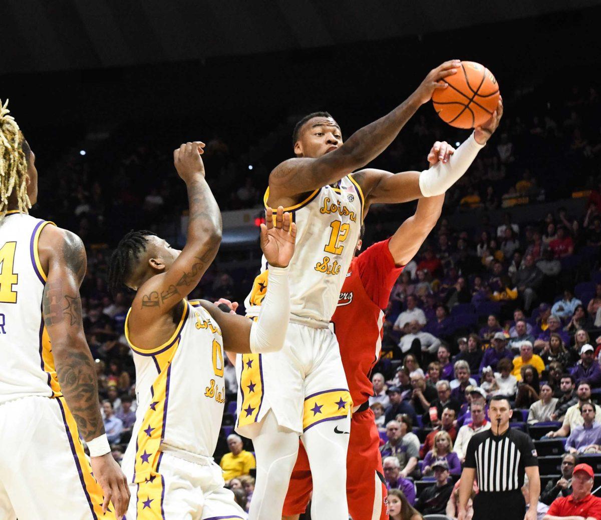 LSU men&#8217;s basketball fifth-year senior forward KJ Williams (12) grabs the rebound on Saturday, Jan. 28, 2023, during LSU&#8217;s 76-68 loss to Texas Tech at the Pete Maravich Assembly Center in Baton Rouge, La.