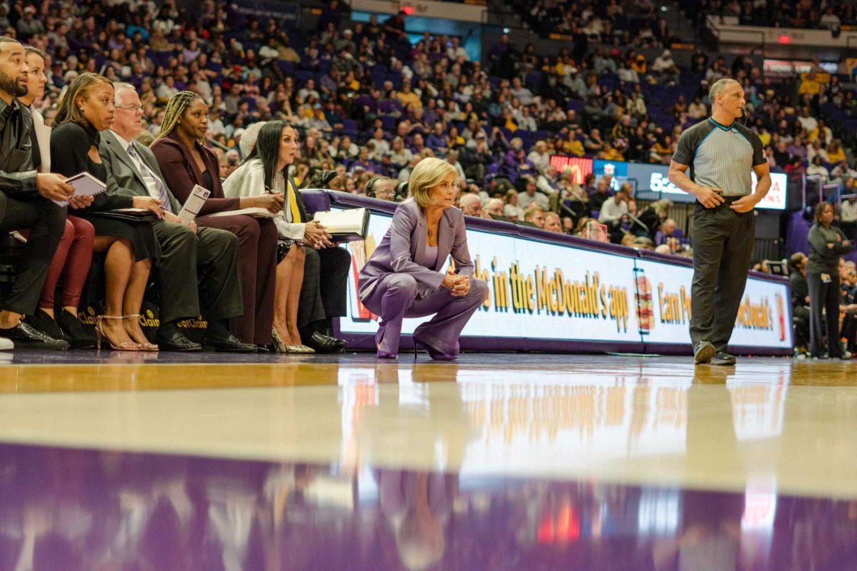 LSU women&#8217;s basketball head coach Kim Mulkey watches the action on Sunday, Jan. 15, 2023, during LSU&#8217;s 84-54 win over Auburn in the Pete Maravich Assembly Center in Baton Rouge, La.