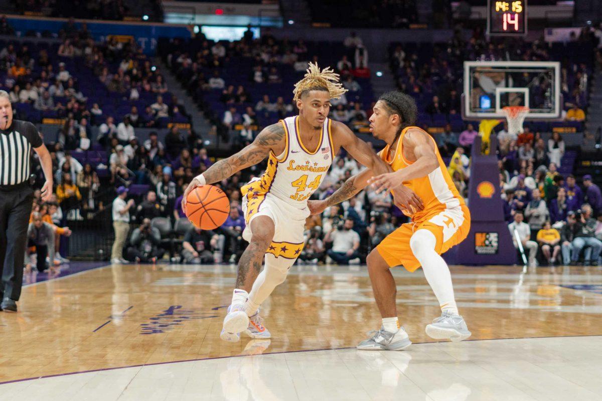 LSU men&#8217;s basketball redshirt sophomore guard Adam Miller (44) drives toward the basket on Saturday, Jan. 21, 2023, during LSU&#8217;s 56-77 loss to Tennessee at the Pete Maravich Assembly Center in Baton Rouge, La.