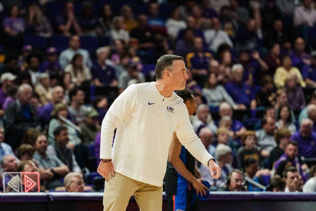 LSU men&#8217;s basketball head coach Matt McMahon watches the action from the side of the court on Tuesday, Jan. 10, 2023, during LSU&#8217;s 56-67 loss against Florida in the Peter Maravich Assembly Center in Baton Rouge, La.