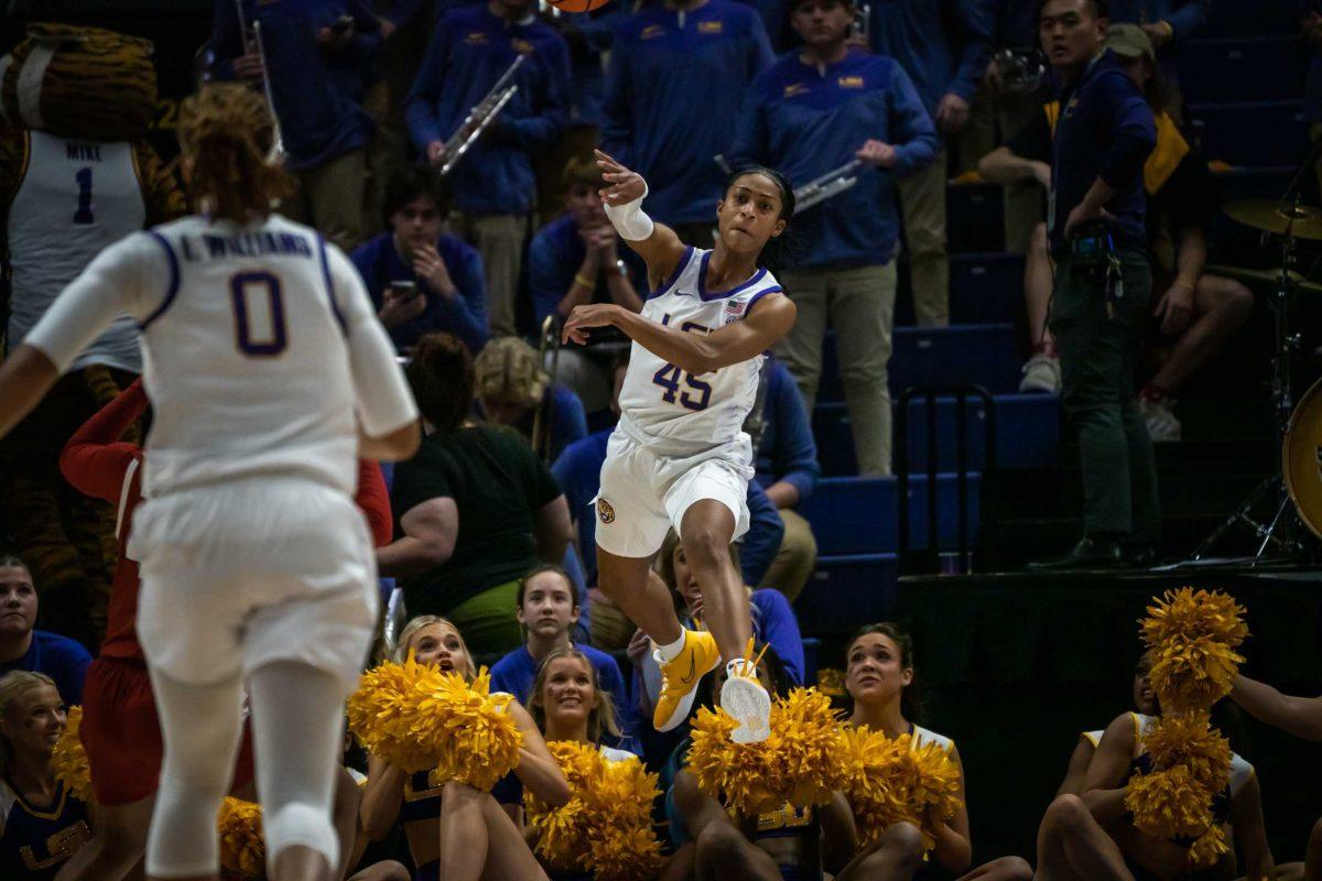 LSU women's basketball 5th-year senior guard Alexis Morris (45) passes the ball on Thursday, Jan. 19, 2023, during LSU's 79-76 win against Arkansas in the Pete Maravich Assembly Center on N. Stadium Drive in Baton Rouge, La.