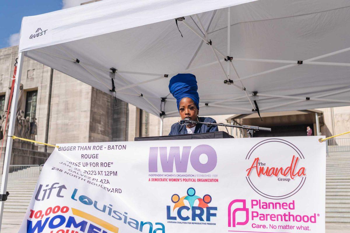 Rally organizer Nancy Davis speaks about her abortion experience on Sunday, Jan. 22, 2023, from the Capitol steps in Baton Rouge, La.