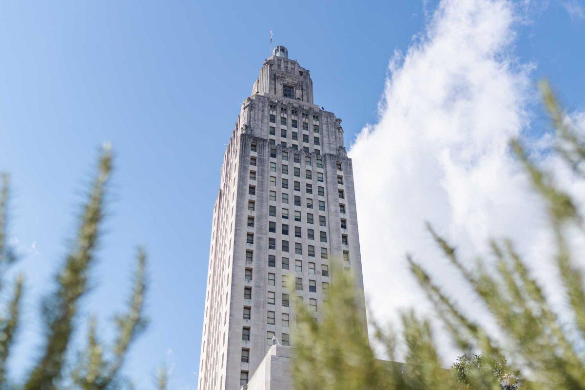 The Louisiana State Capitol rises high on Sunday, Jan. 22, 2023, on North Third Street in Baton Rouge, La.