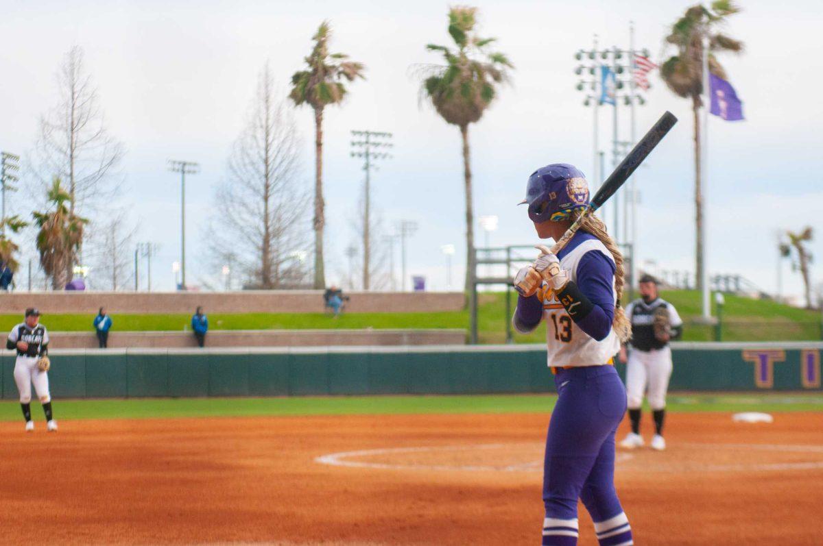 LSU softball junior infielder Danieca Coffey (13) steps up to the plate Friday, Feb. 17, 2023, during LSU's 8-0 win against Ohio at Tiger Park in Baton Rouge, La.