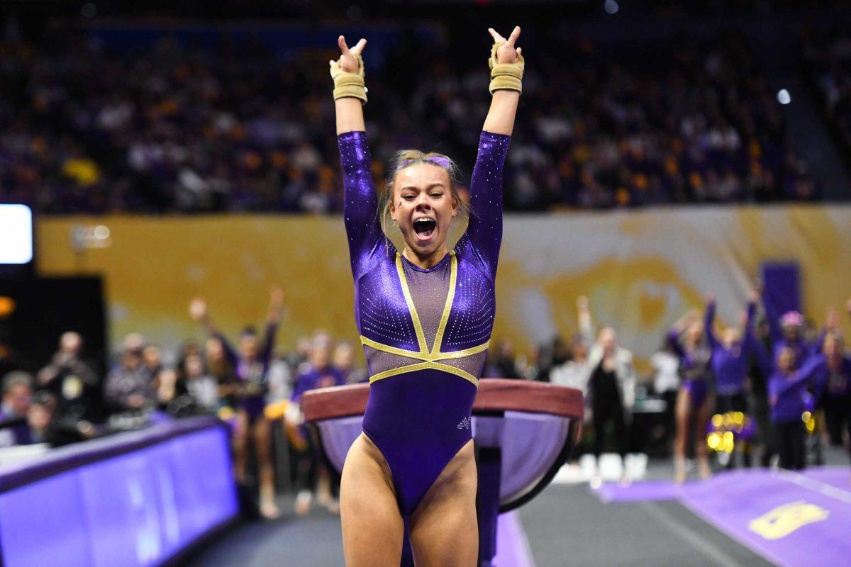 LSU gymnastics junior Chase Brock sticks the landing on vault Friday, Feb. 3, 2023, during LSU's 197.700 - 196.925 victory over Georgia in the Pete Maravich Assembly Center in Baton Rouge, La.