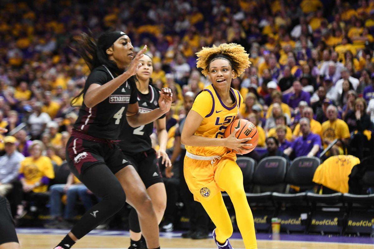 LSU women&#8217;s basketball graduate student guard Jasmine Carson (2) looks to shoot the ball Sunday, Feb. 26, 2023, during LSU&#8217;s 74-59 win over Mississippi State at the Pete Maravich Assembly Center in Baton Rouge, La.