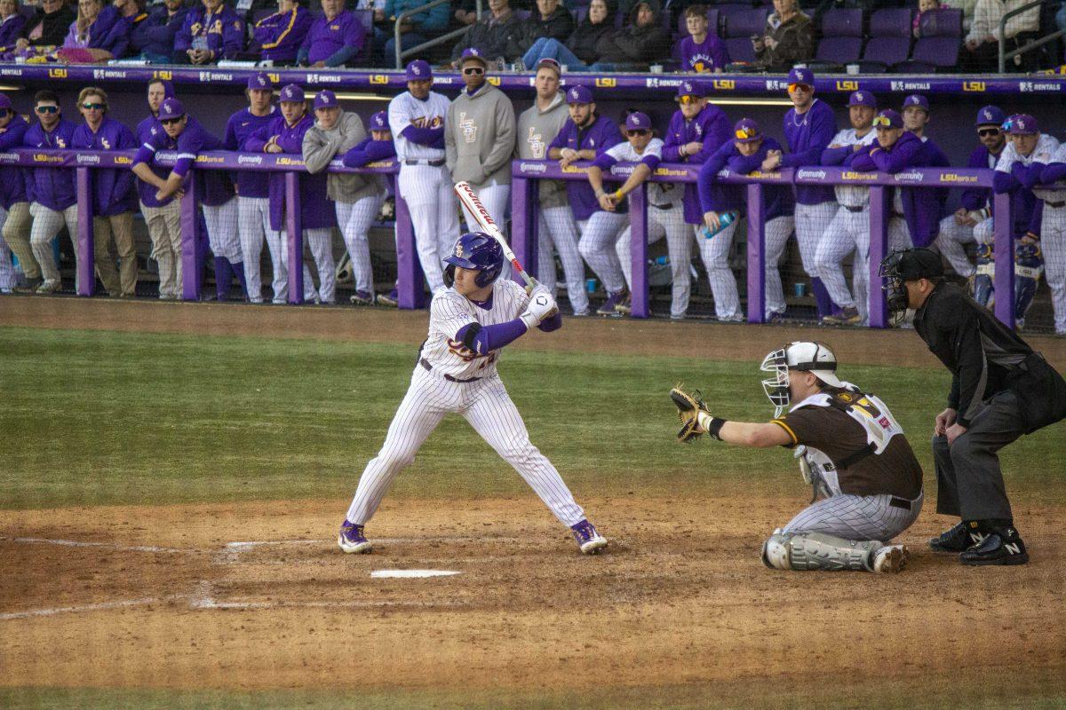 LSU baseball freshman catcher Brady Neal (16) prepares to hit the ball Saturday, Feb. 18, 2023, during LSU's 5-3 victory over Western Michigan at Alex Box Stadium on LSU's campus.