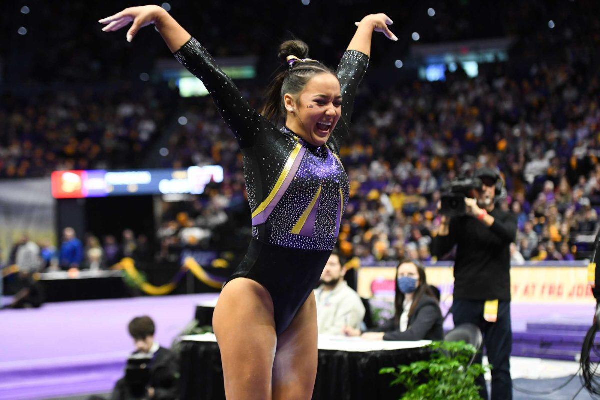 LSU gymnastics all-around sophomore Aleah Finnegan lands her vault Friday, Feb. 17, 2023, during LSU&#8217;s 198.100-197.975 victory over Florida in the Pete Maravich Assembly Center in Baton Rouge, La.