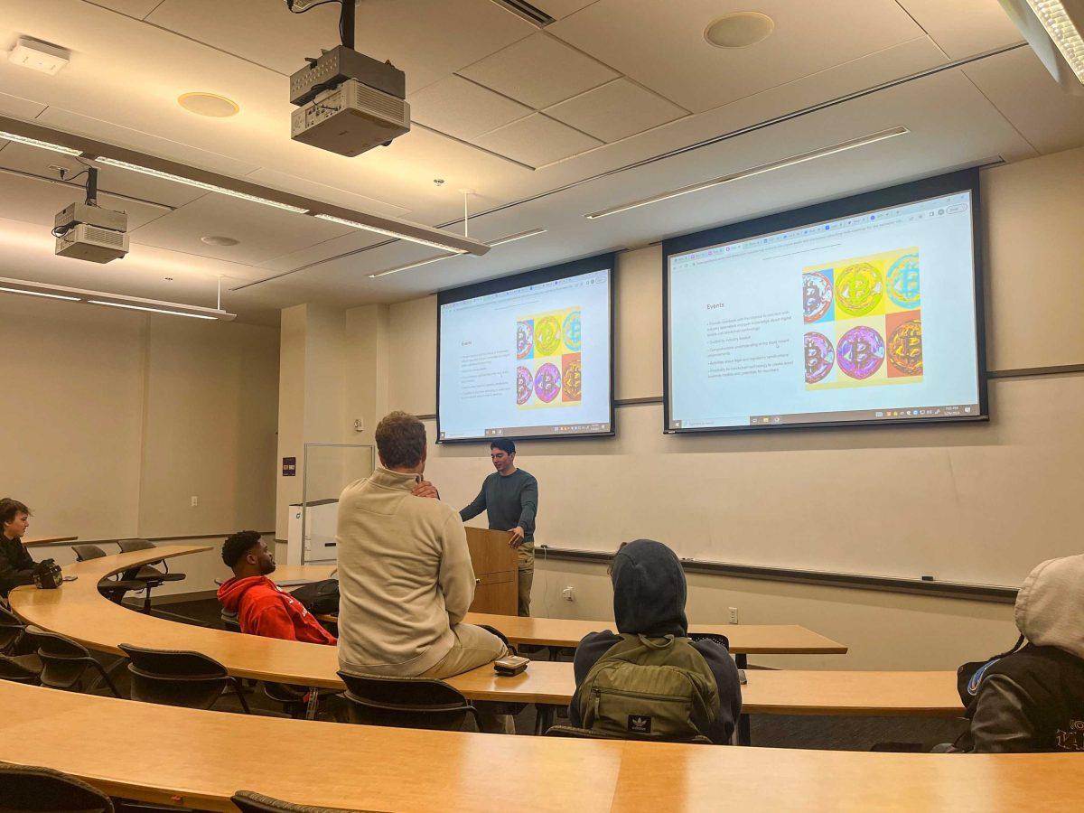 Digital Assets and Blockchain Club president Nicolas Osborn speaks to club members on Tuesday, Jan. 31, 2023, inside the Business Education Complex on LSU's campus.