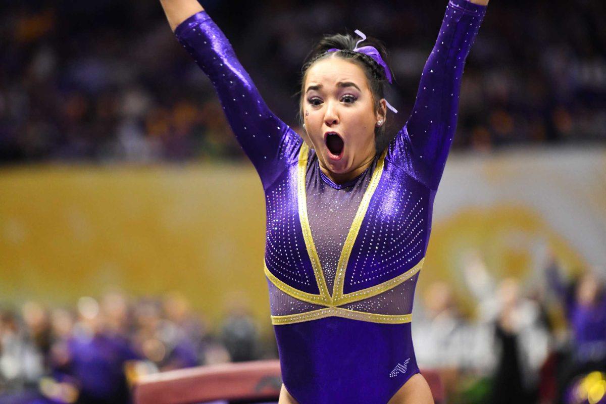 LSU gymnastics all-around sophomore Aleah Finnegan sticks the landing on vault Friday, Feb. 3, 2023, during LSU's 197.700 - 196.925 victory over Georgia in the Pete Maravich Assembly Center in Baton Rouge, La.