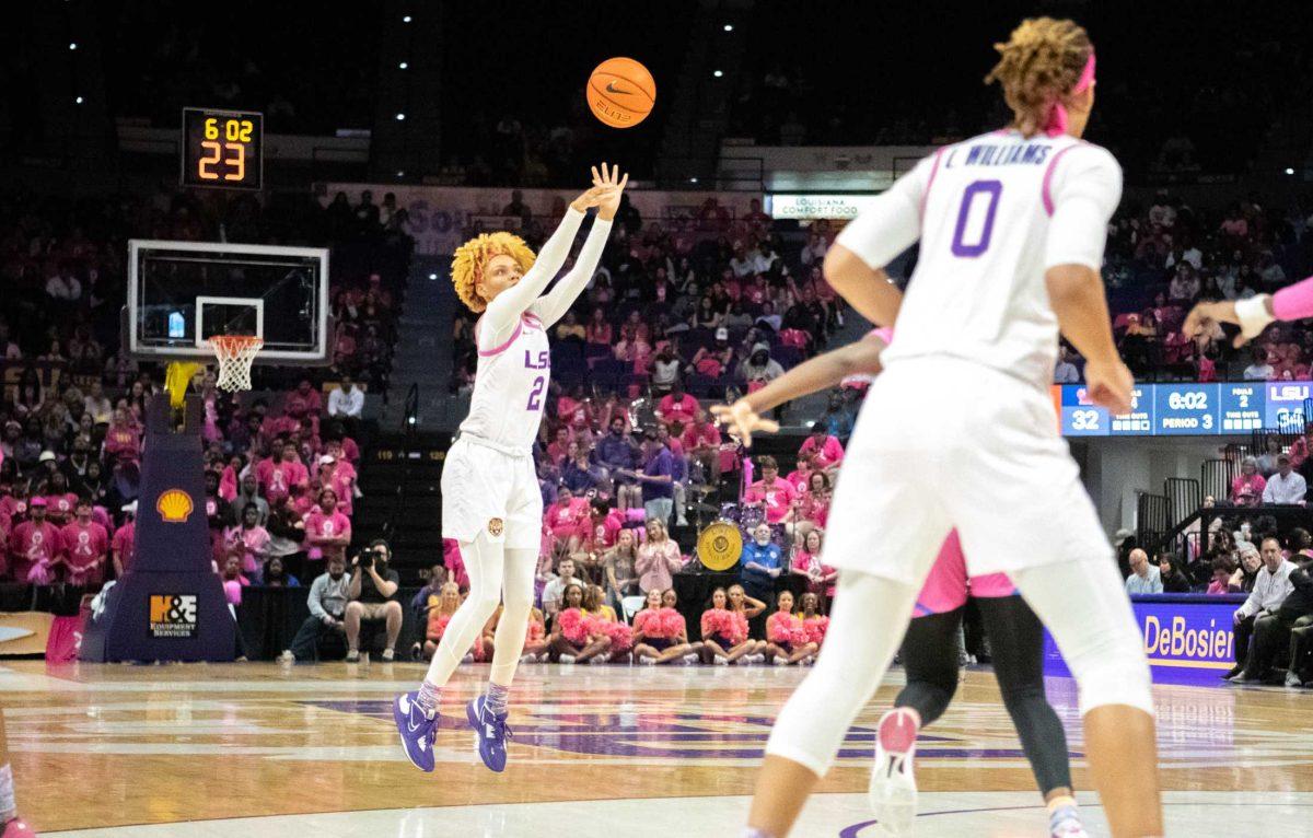 LSU women&#8217;s basketball graduate student guard Jasmine Carson (2) shoots for three on Thursday, Feb. 16, 2023, during LSU&#8217;s 69-60 victory over Ole Miss in the Pete Maravich Assembly Center in Baton Rouge, La.