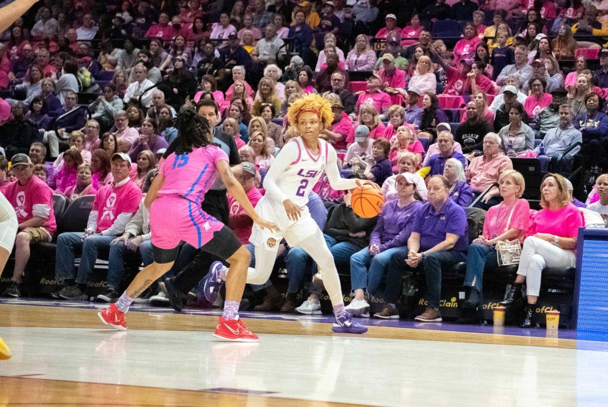 LSU women&#8217;s basketball graduate student guard Jasmine Carson (2) looks past her defender on Thursday, Feb. 16, 2023, during LSU&#8217;s 69-60 victory over Ole Miss in the Pete Maravich Assembly Center in Baton Rouge, La.