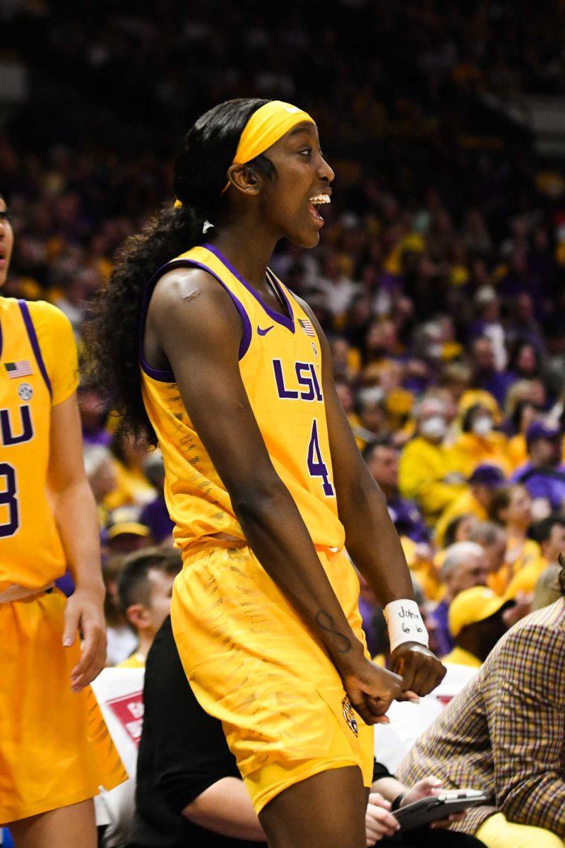 LSU women&#8217;s basketball freshman guard Flau&#8217;jae Johnson (4) celebrates on the side Sunday, Feb. 26, 2023, during LSU&#8217;s 74-59 win over Mississippi State at the Pete Maravich Assembly Center in Baton Rouge, La.