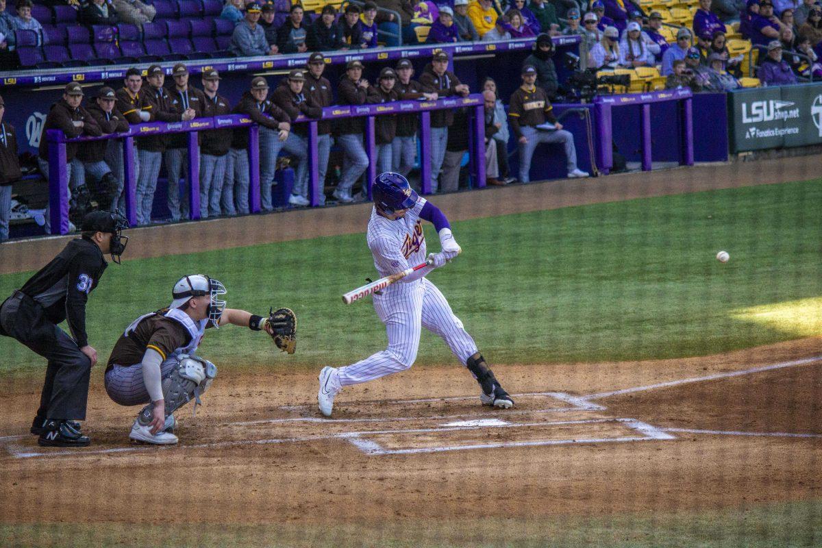 LSU baseball junior outfielder Dylan Crews (3) gears up to hit the ball Saturday, Feb. 18, 2023, during LSU's 5-3 victory over Western Michigan at Alex Box Stadium on LSU's campus.