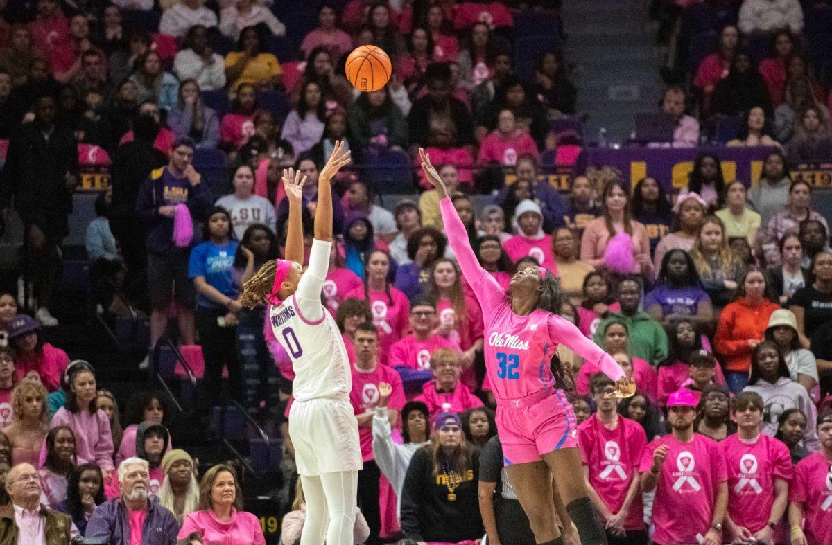 LSU women&#8217;s basketball graduate student forward LaDazhia Williams (0) shoots the ball on Thursday, Feb. 16, 2023, during LSU&#8217;s 69-60 victory over Ole Miss in the Pete Maravich Assembly Center in Baton Rouge, La.