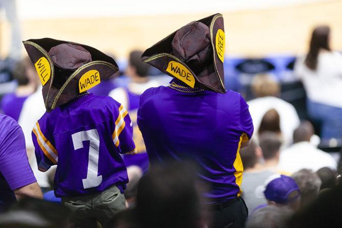 LSU fans watch the game during the Tigers' 69-67 victory over Maryland on Saturday, March 23, 2019, in the Jacksonville Veterans Memorial Arena.