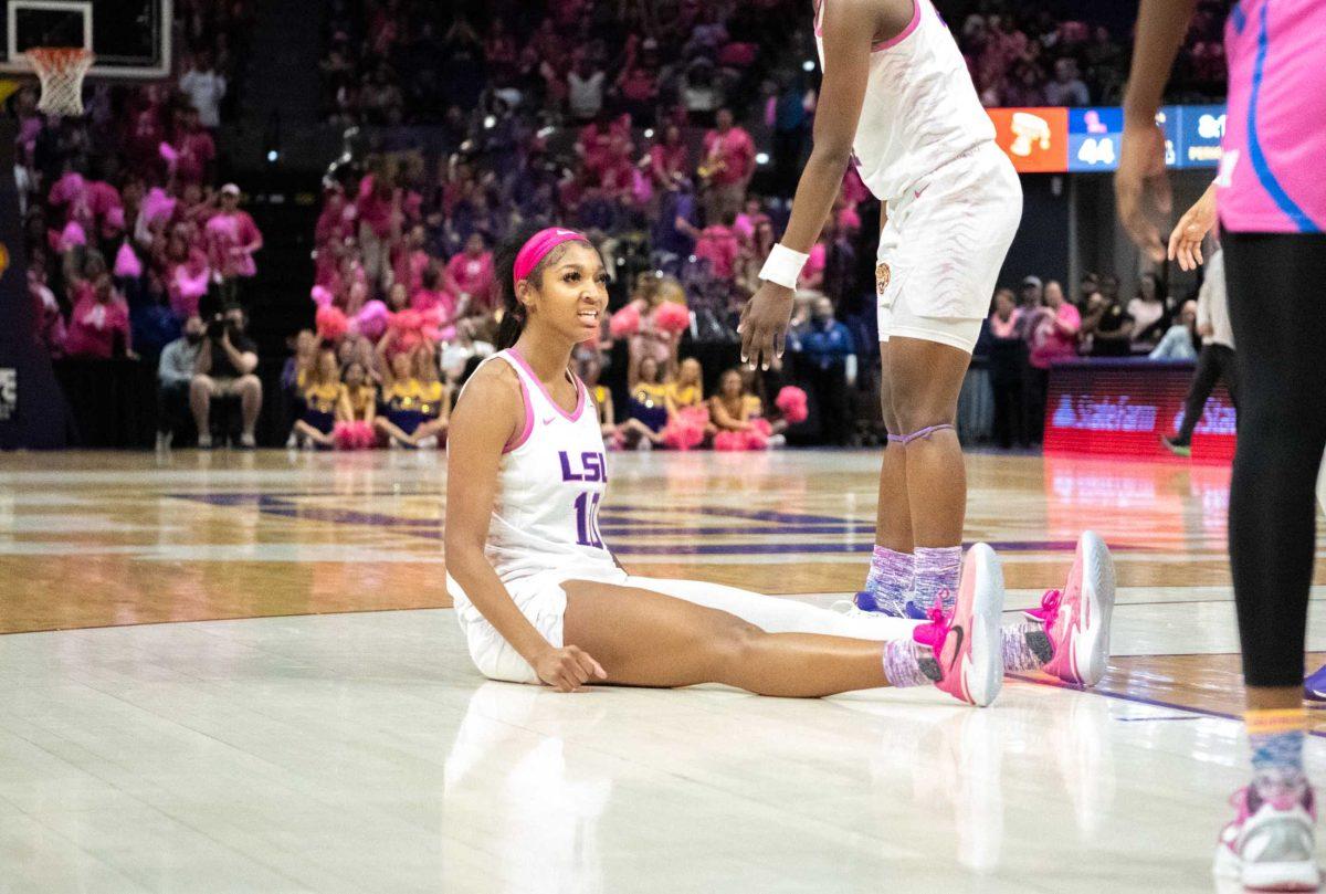 LSU women&#8217;s basketball sophomore forward Angel Reese (10) celebrates her and-one on Thursday, Feb. 16, 2023, during LSU&#8217;s 69-60 victory over Ole Miss in the Pete Maravich Assembly Center in Baton Rouge, La.