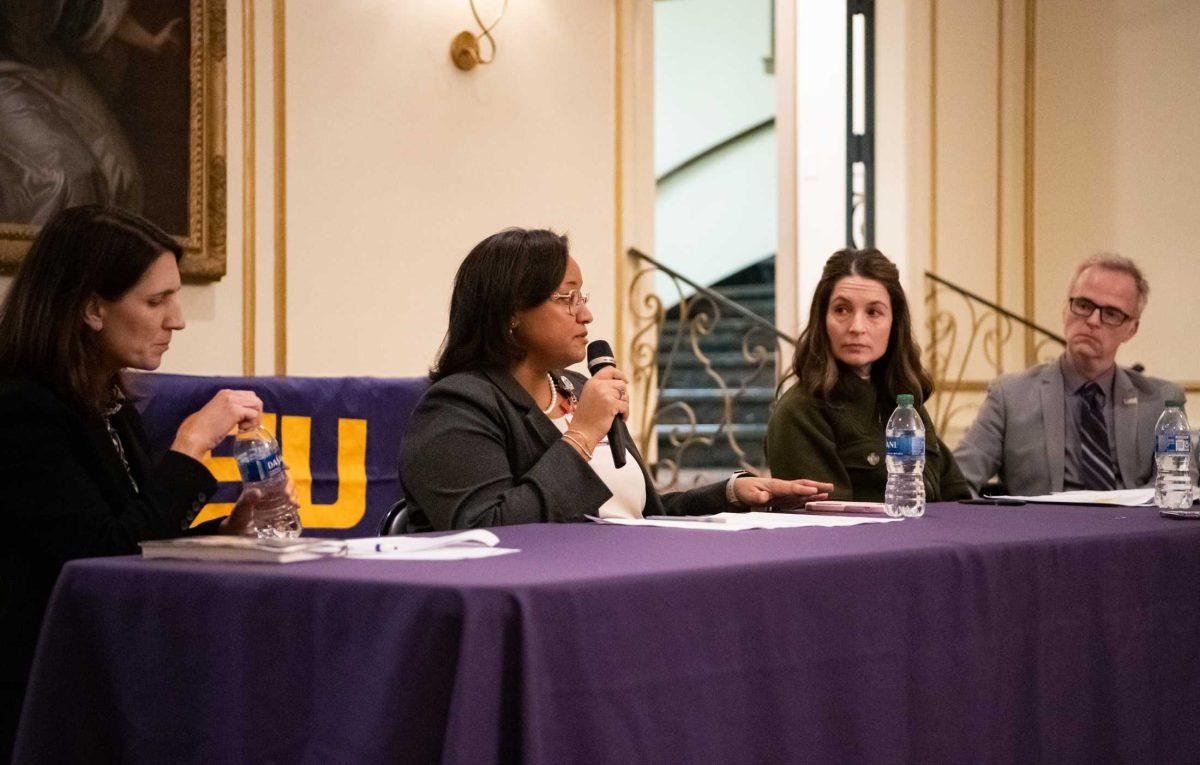 Our Lady of the Lake and LSU Student Health Center speakers address the audience on Wednesday, Feb. 1, 2023, in the French House in Baton Rouge, La.