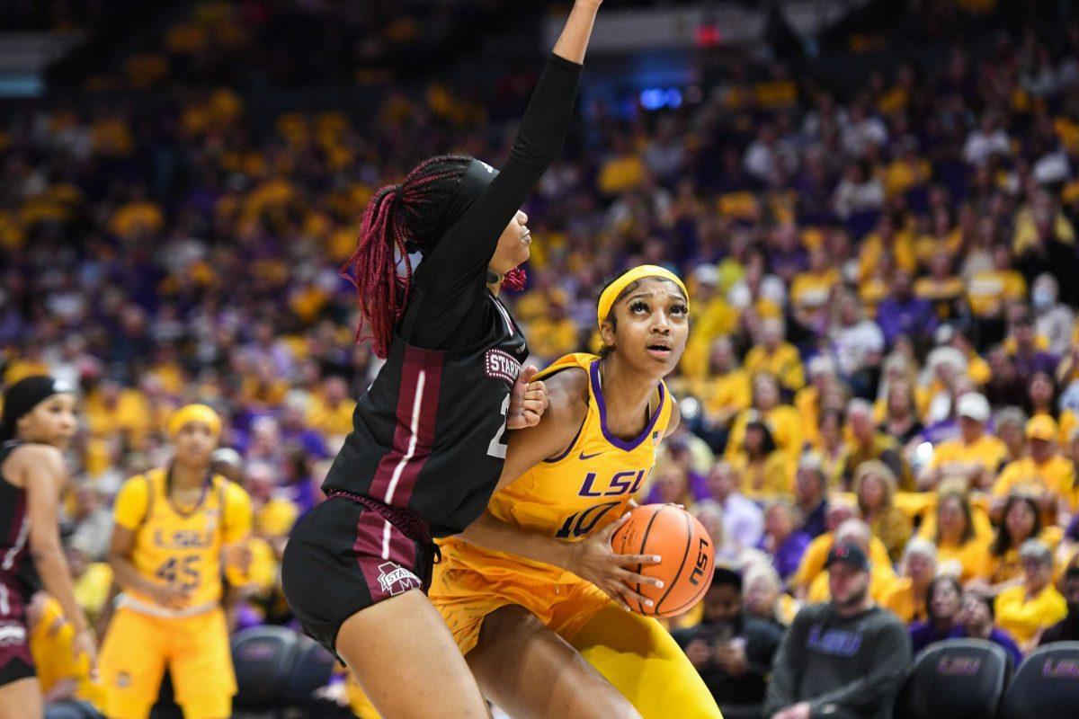 LSU women&#8217;s basketball sophomore forward Angel Reese (10) looks to shoot the ball Sunday, Feb. 26, 2023, during LSU&#8217;s 74-59 win over Mississippi State at the Pete Maravich Assembly Center in Baton Rouge, La.