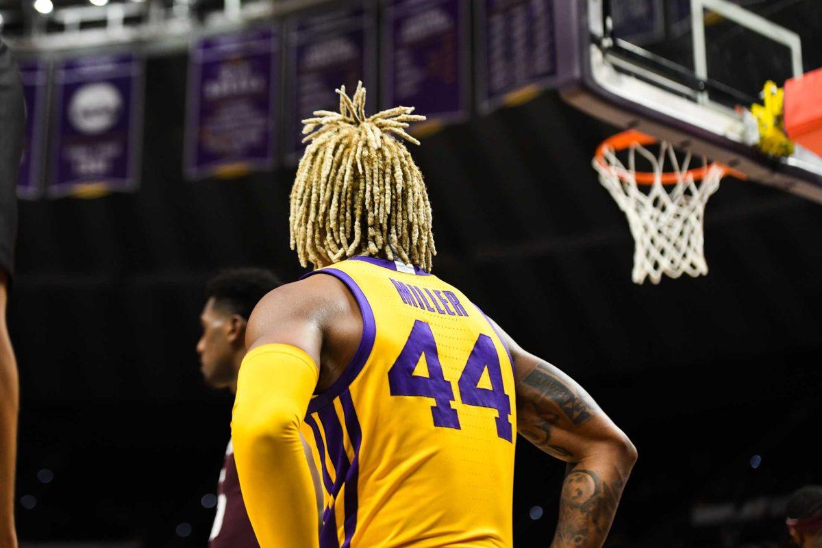 LSU men&#8217;s basketball redshirt sophomore Adam Miller (44) looks out on the court on Saturday, Feb. 11, 2023, during LSU&#8217;s 74-62 loss to Texas A&amp;M at the Pete Maravich Assembly Center in Baton Rouge, La.