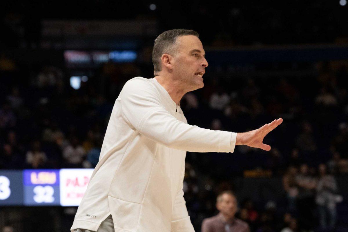 LSU men&#8217;s basketball head coach Matt McMahon yells Saturday, Feb. 4, 2023, during LSU&#8217;s 79-69 loss to Alabama at the Pete Maravich Assembly Center in Baton Rouge, La.