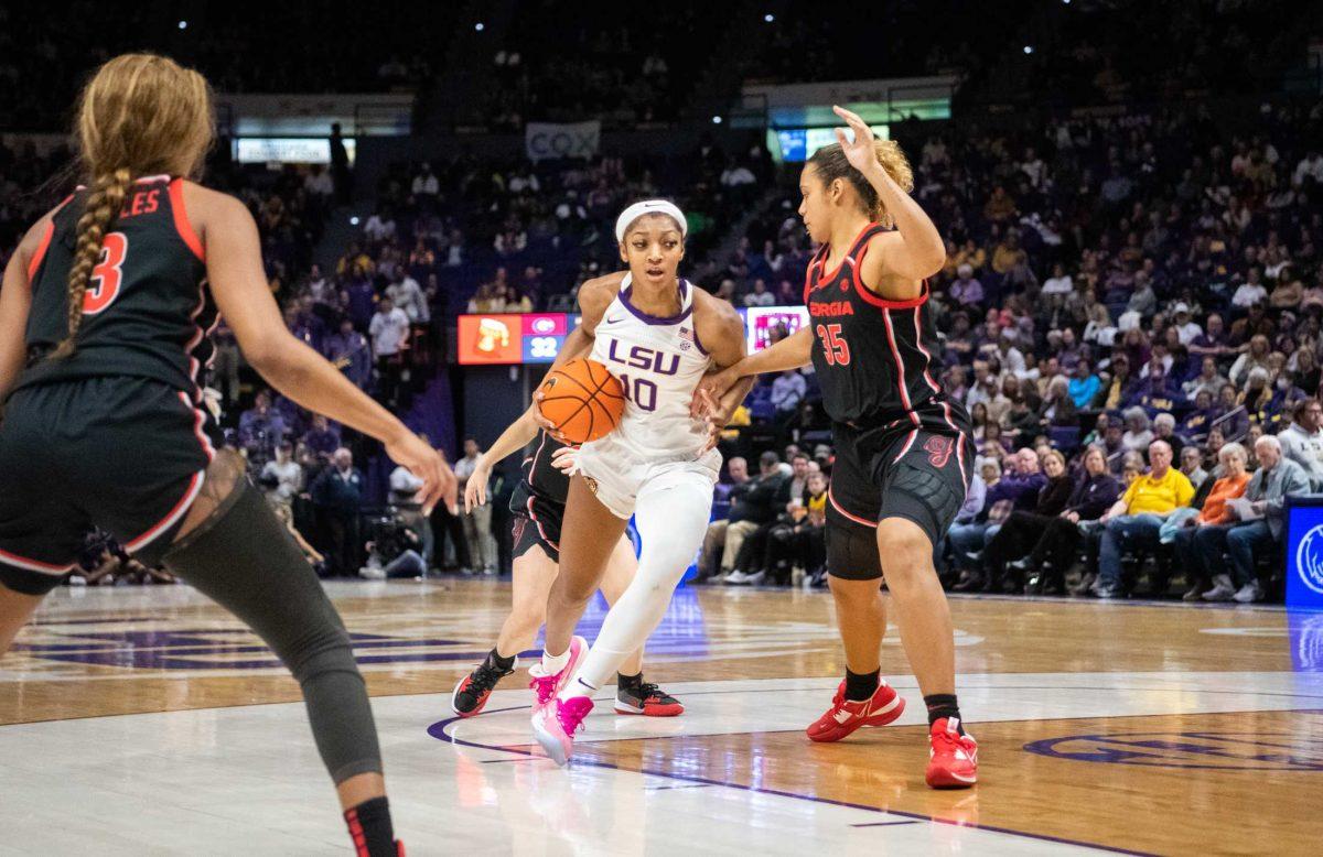 LSU women&#8217;s basketball sophomore forward Angel Reese (10) breaks through the defense on Thursday, Feb. 2, 2023, during LSU&#8217;s 82-77 victory against UGA in the Pete Maravich Assembly Center in Baton Rouge, La.