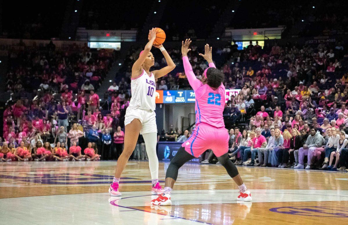 LSU women&#8217;s basketball sophomore forward Angel Reese (10) looks to pass the ball on Thursday, Feb. 16, 2023, during LSU&#8217;s 69-60 victory over Ole Miss in the Pete Maravich Assembly Center in Baton Rouge, La.