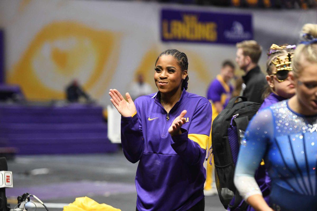 LSU gymnastics vault graduate student Cammy Hall watches her team compete Friday, Feb. 17, 2023, during LSU&#8217;s 198.100-197.975 victory over Florida in the Pete Maravich Assembly Center in Baton Rouge, La.