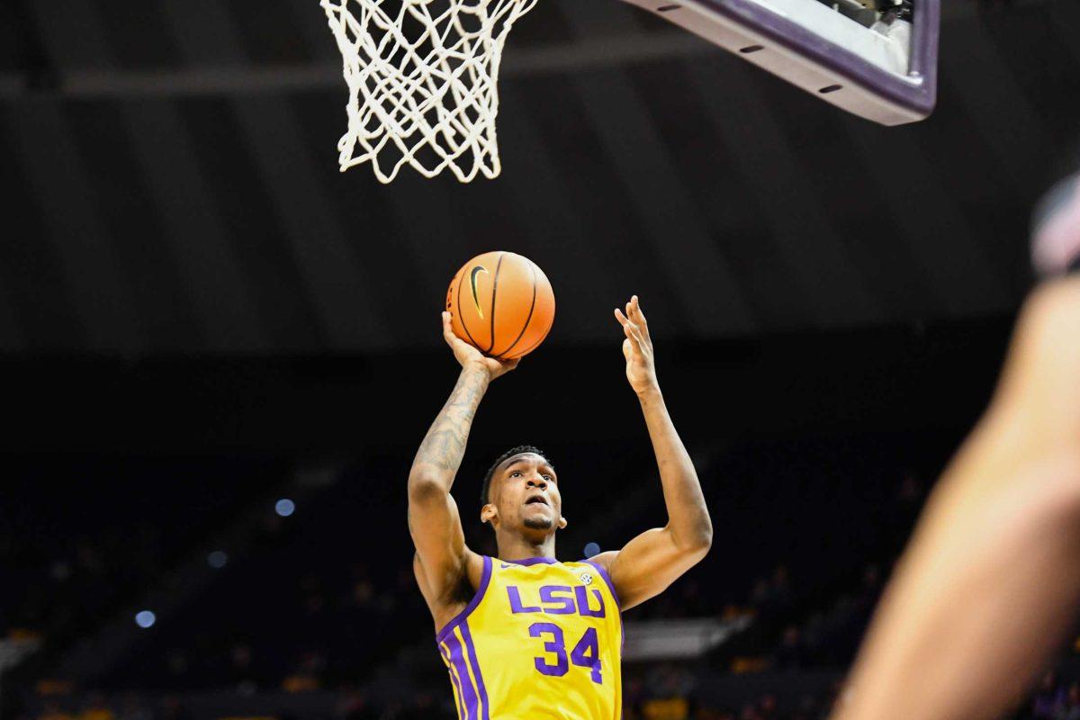 LSU men&#8217;s basketball freshman forward Shawn Phillips Jr. (34) shoots the ball on Saturday, Feb. 11, 2023, during LSU&#8217;s 74-62 loss to Texas A&amp;M at the Pete Maravich Assembly Center in Baton Rouge, La.