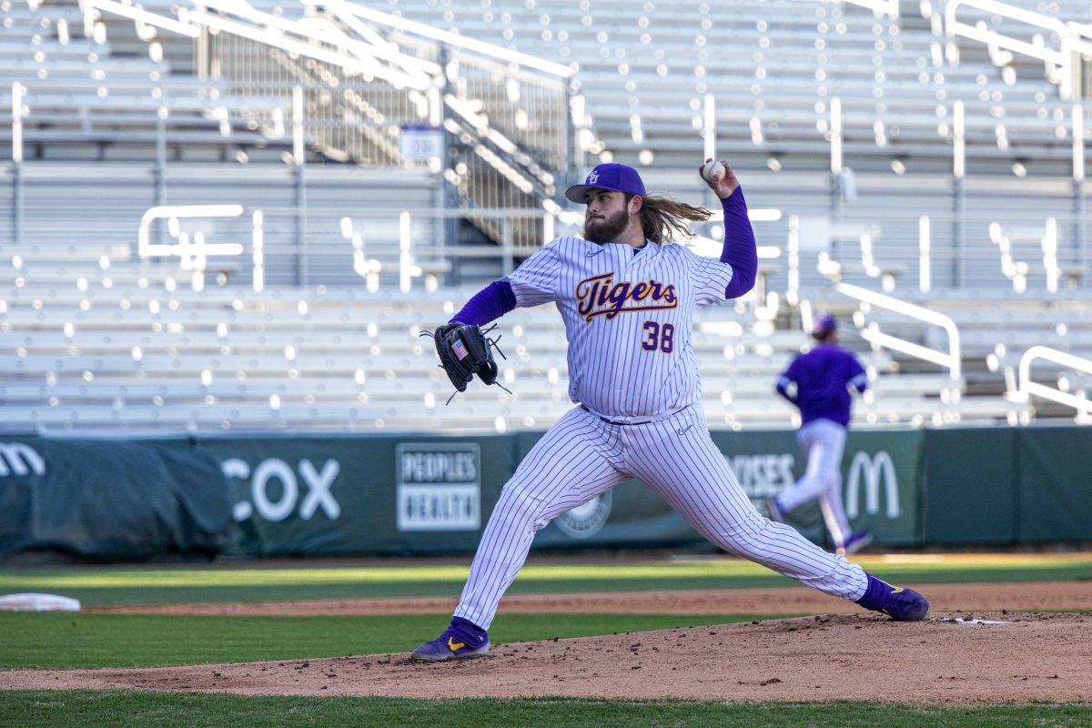 LSU baseball sophomore left-handed pitcher Riley Cooper (38) throws a pitch during the scrimmage Friday, Jan. 28, 2022, in Alex Box Stadium on Gourrier Avenue in Baton Rouge.