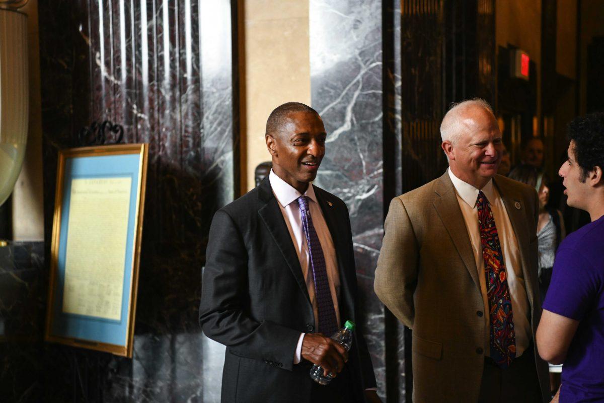 LSU President William F. Tate speaks with others Wednesday, April 20, 2022, during the annual LSU Day at the Capitol at the Louisiana State Capitol in Baton Rouge, La.