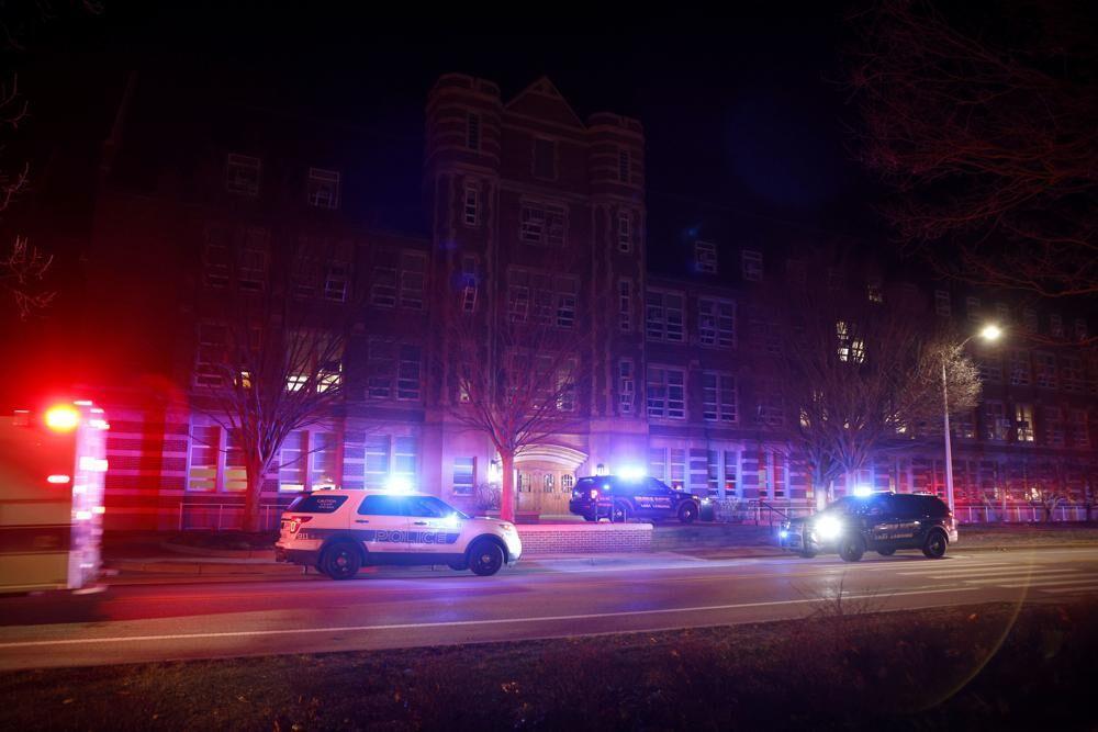 First responders stage outside Berkey Hall following shootings on the campus of Michigan State University, Monday, Feb. 13, 2023, in East Lansing, Mich.&#160;