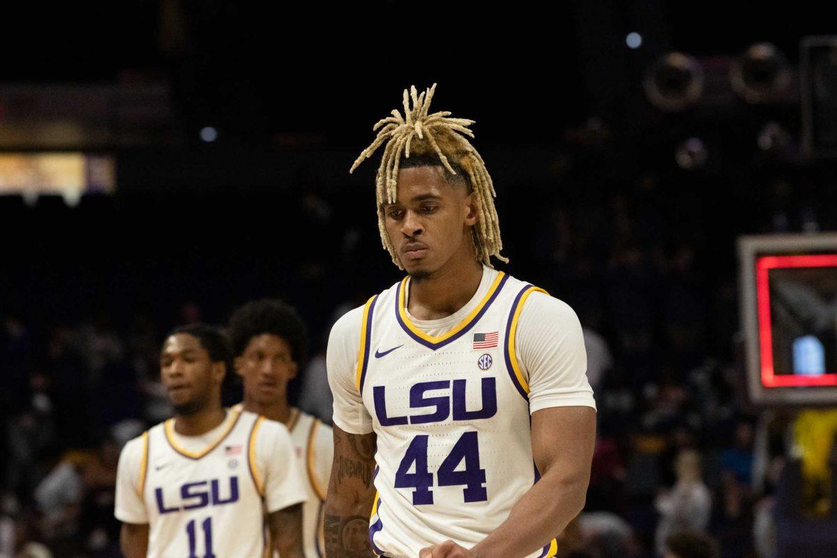 LSU men&#8217;s basketball redshirt sophomore guard Adam Miller (44) walks back to the sideline Saturday, Feb. 4, 2023, after LSU&#8217;s 79-69 loss to Alabama at the Pete Maravich Assembly Center in Baton Rouge, La.