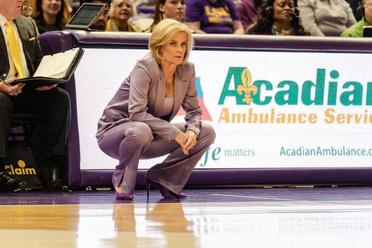 LSU women&#8217;s basketball head coach Kim Mulkey watches the action on Sunday, Jan. 15, 2023, during LSU&#8217;s 84-54 win over Auburn in the Pete Maravich Assembly Center in Baton Rouge, La.