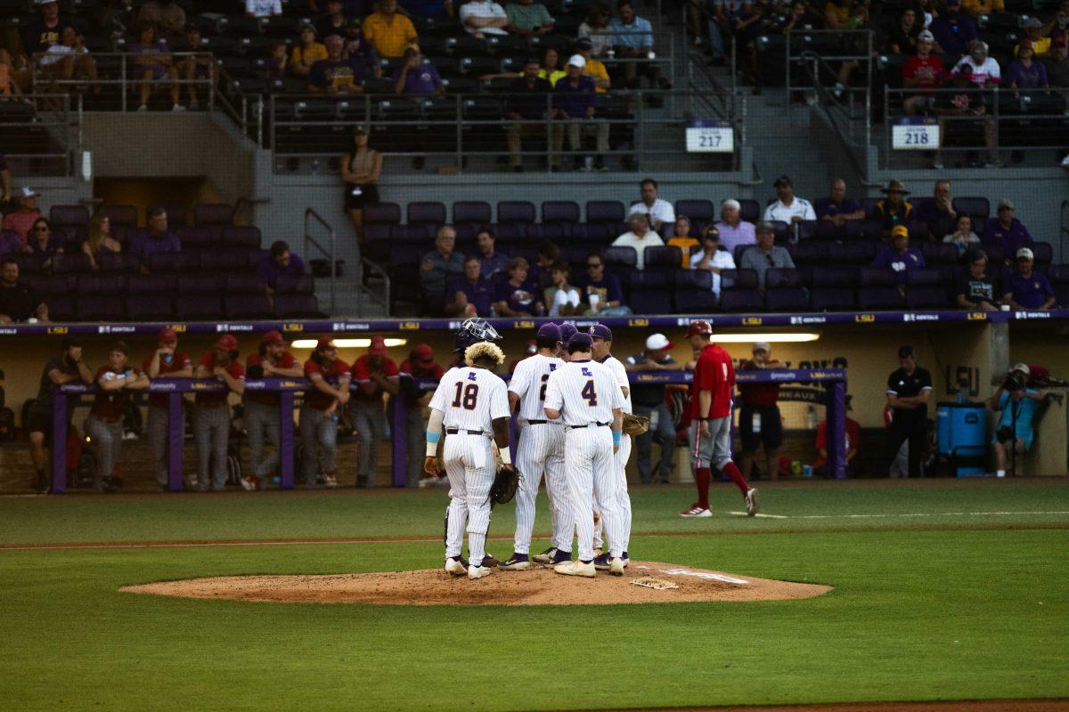 <p>LSU baseball infielders huddle up on the pitcher's mound Monday, May, 3, 2022, during the Tigers’ 10-6 win against Nicholls at Alex Box Stadium in Baton Rouge, La.</p>