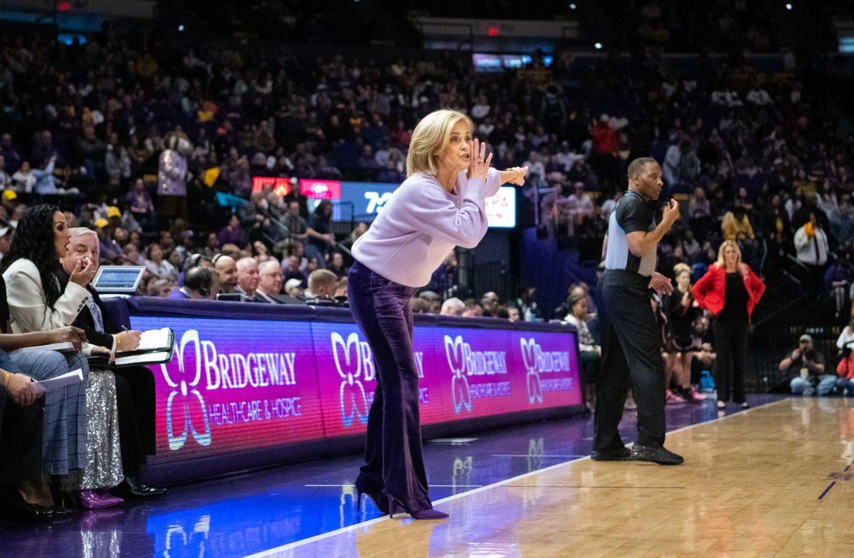 LSU women&#8217;s basketball head coach Kim Mulkey shouts to her team on Thursday, Feb. 2, 2023, during LSU&#8217;s 82-77 victory against UGA in the Pete Maravich Assembly Center in Baton Rouge, La.