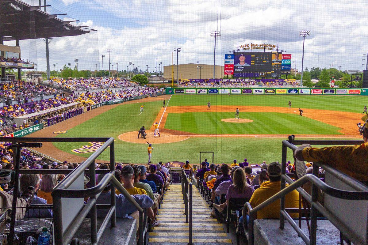 LSU baseball fans watch a sunny baseball game Saturday, April 23, 2022, during LSU's 8-6 win over Missouri at Alex Box Stadium.