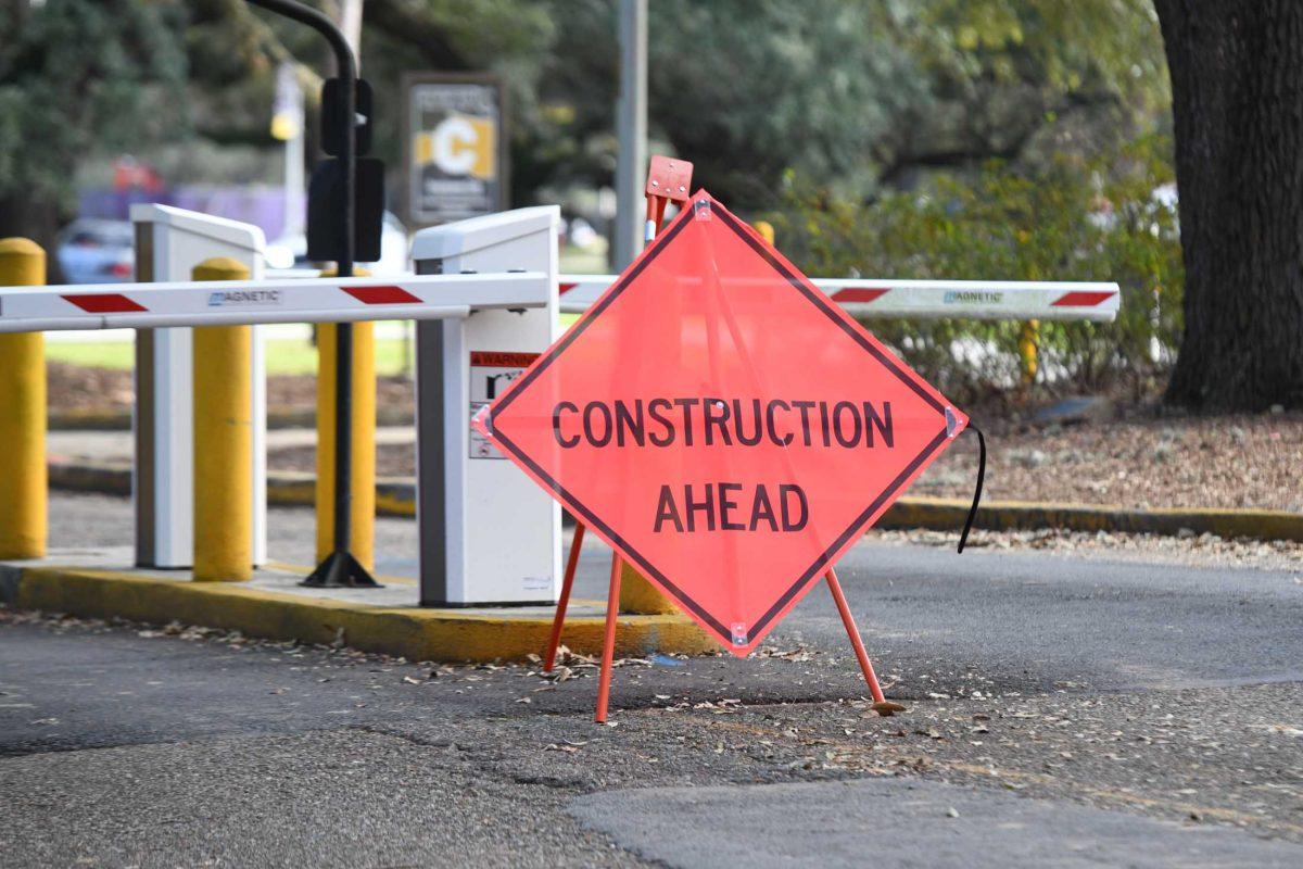 A sign reading &#8220;Construction Ahead&#8221; sits on Friday, Jan. 27, 2023, on Tower Drive on LSU's campus in Baton Rouge, La.