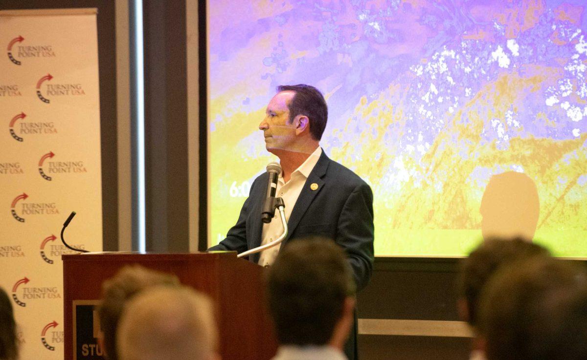 Members of the audience listen to Jeff Landry&#8217;s speech on Tuesday, Oct. 25, 2022, in the Student Union in Baton Rouge, La.