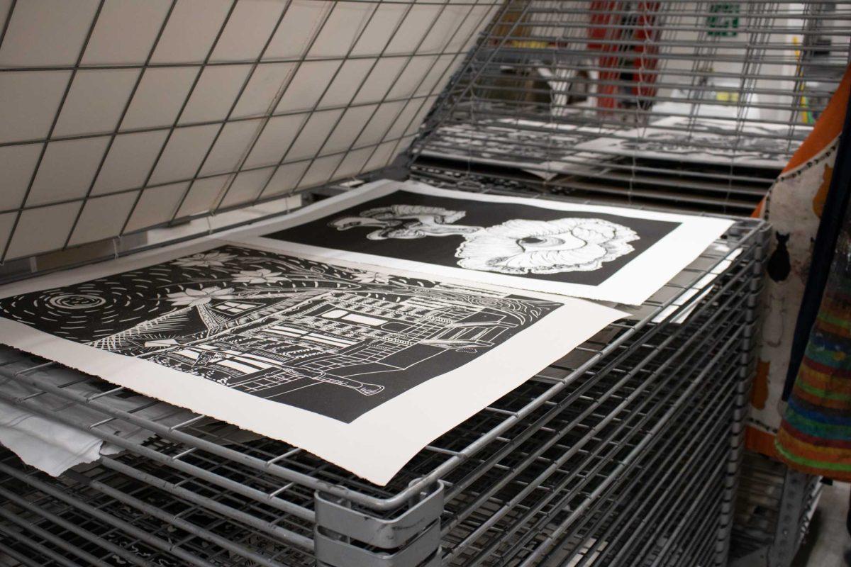 Student relief prints dry Friday, Feb. 3, 2023, on a drying rack in the printmaking room inside William B. Hatcher Hall in Baton Rouge, La.