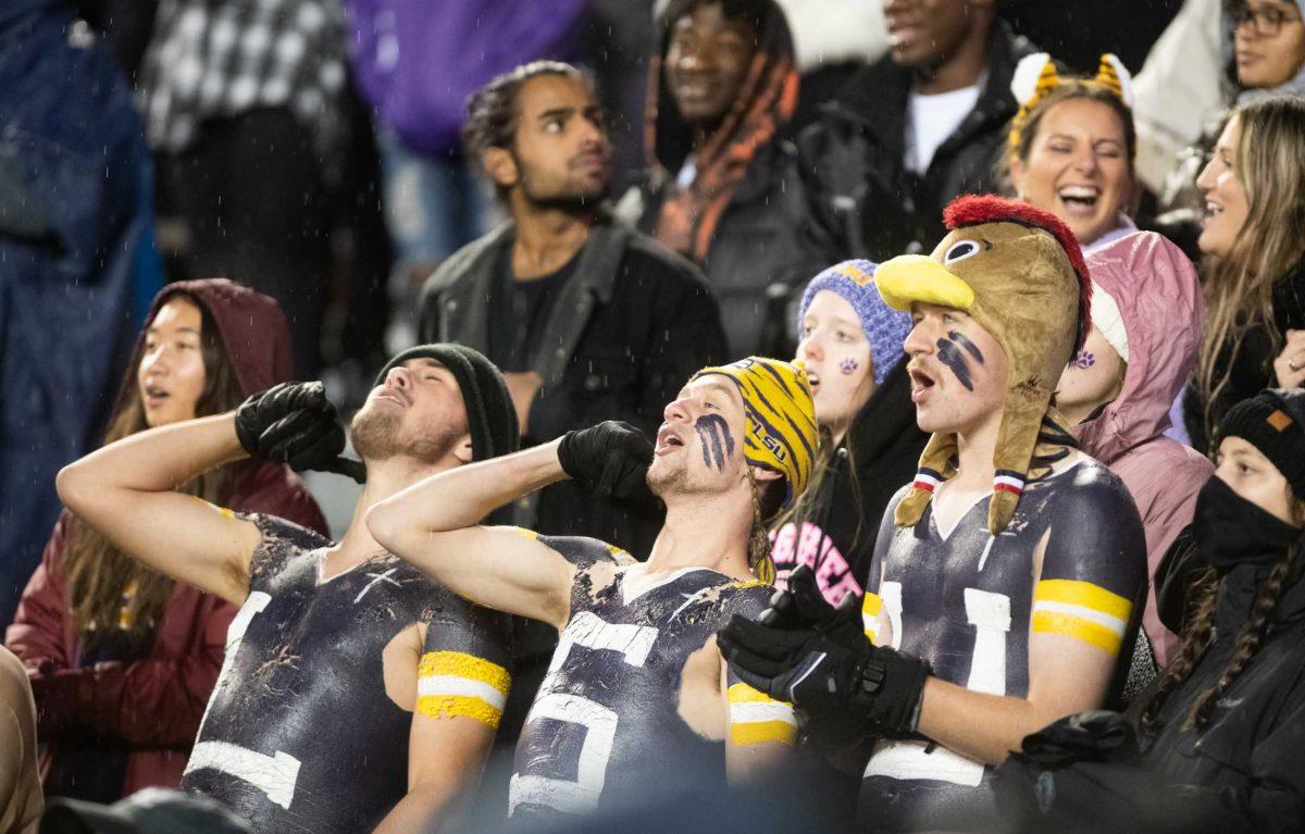 LSU fans sing in the student section during LSU&#8217;s 41-10 win against the UAB Blazers on Saturday, Nov. 19, 2022, in Tiger Stadium.