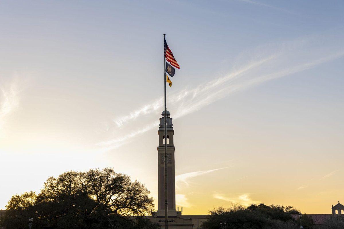 A United States, Louisiana and LSU flag flutters in the breeze Monday, Feb. 6, 2023 on the Parade Grounds.