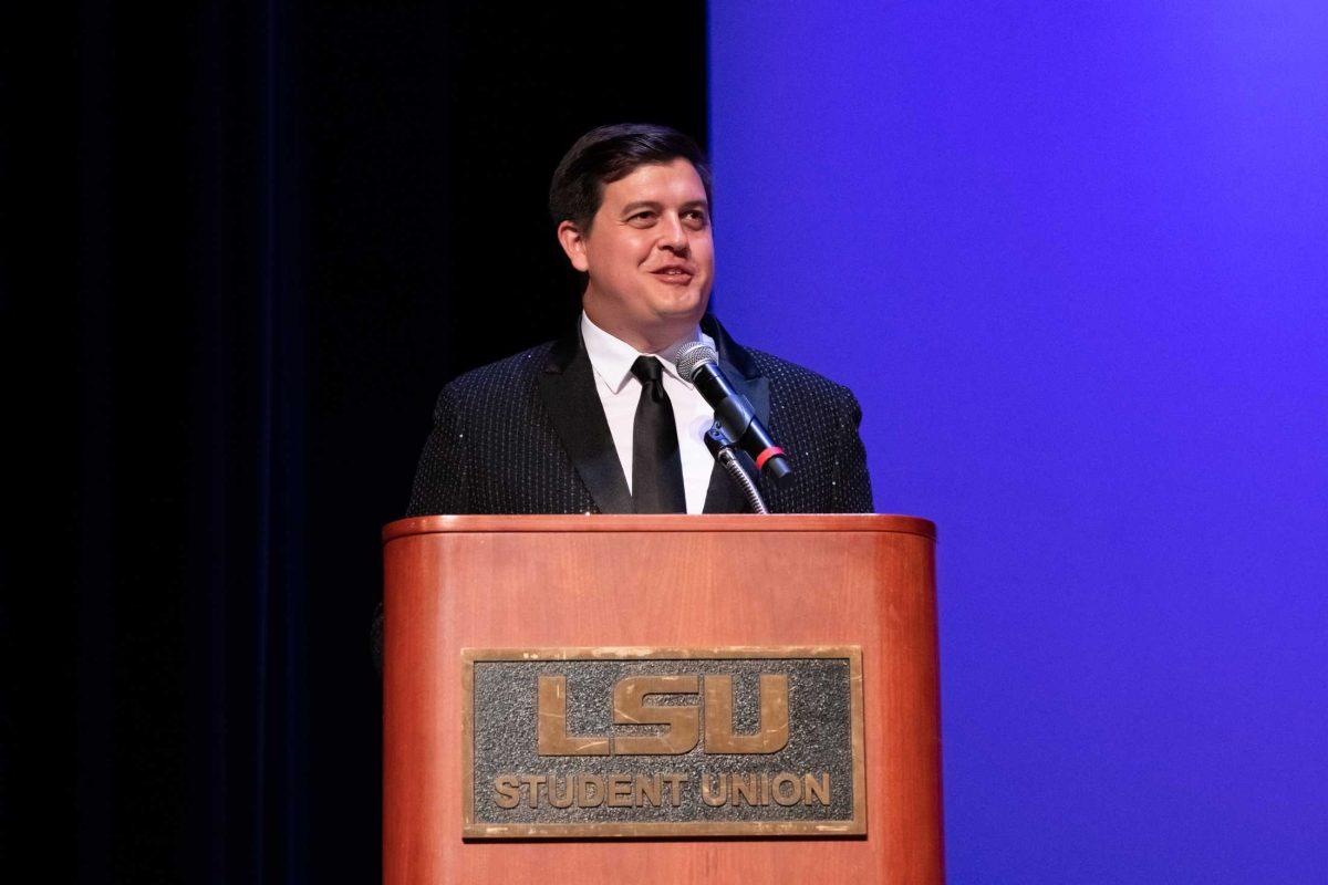 Dixon Wallace McMakin emcees Sunday, March 26, 2023, during the 2023 Miss LSU pageant in the LSU Student Union Theater in Baton Rouge, La.
