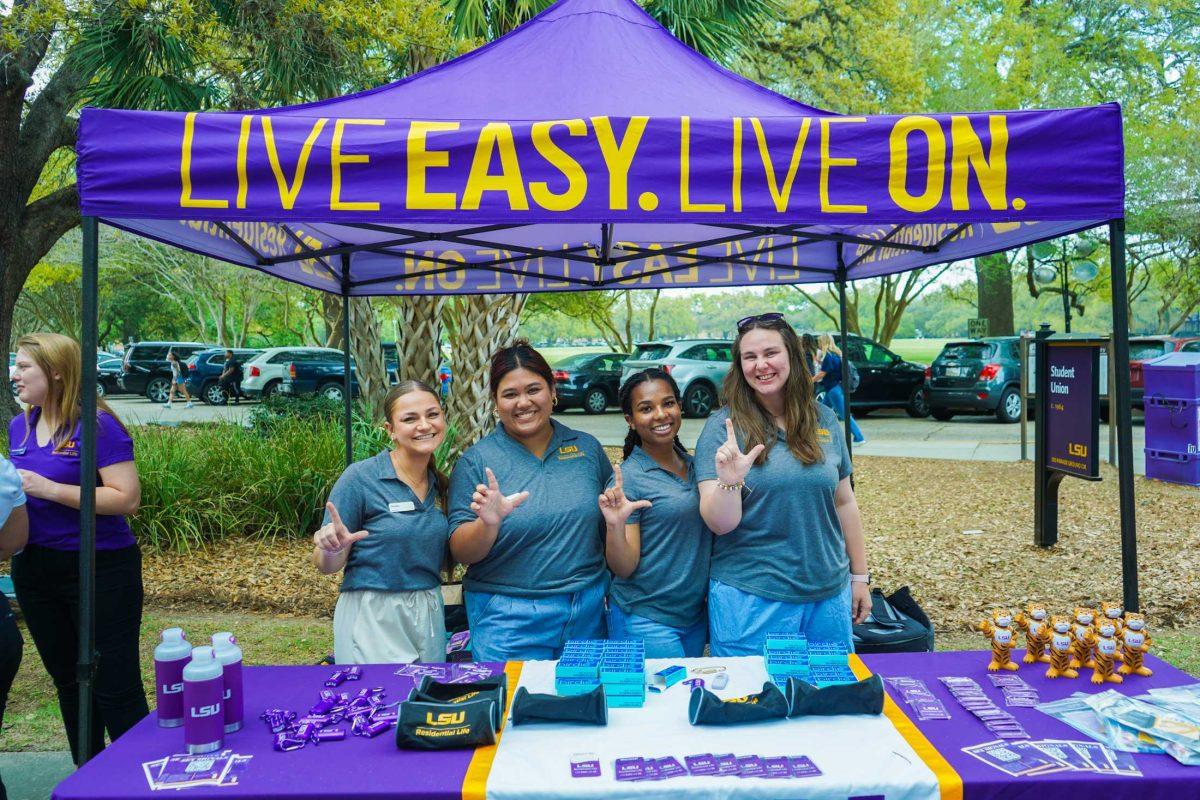 LSU Residential Life kicks off safety week on Monday, March 7, 2023, by handing out merch and giving advice to students in Free Speech Plaza.