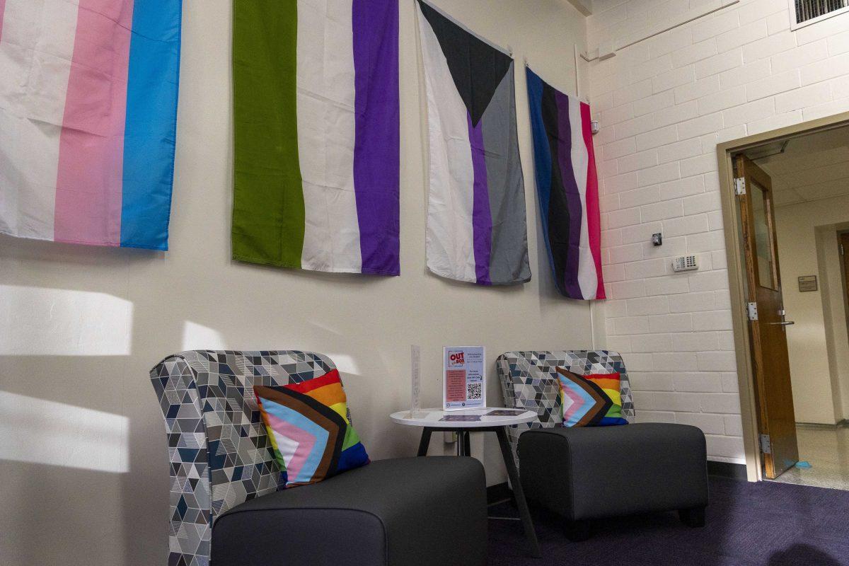 Pride flags adorn the walls in the new LGBTQ+ Center Thursday, March 9, 2023, in Coates Hall room 175.