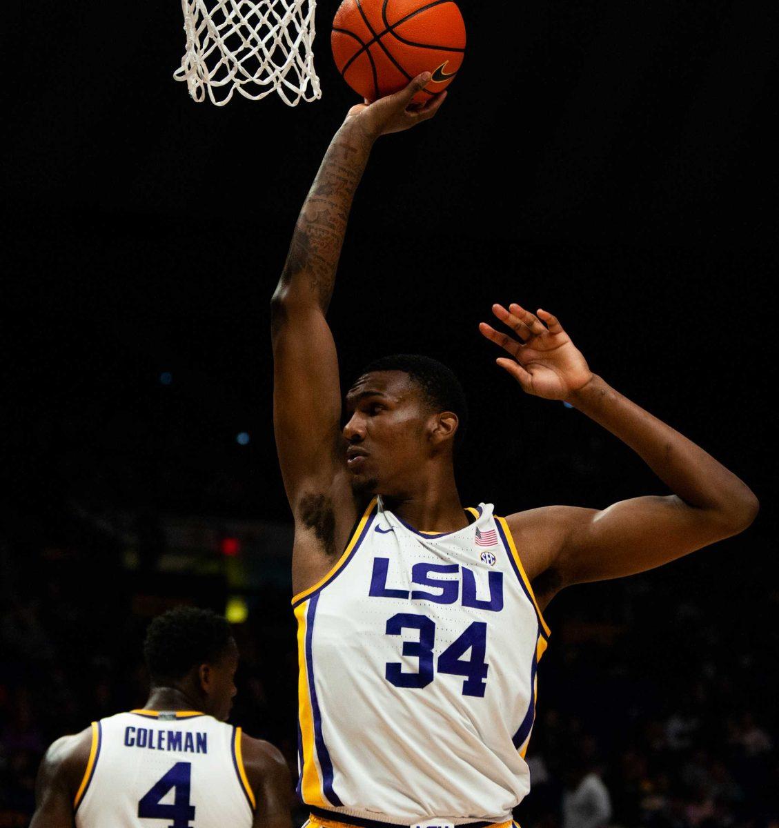 LSU men&#8217;s basketball freshman forward Shawn Phillips (34) grabs a rebound during LSU&#8217;s 91-62 win over New Orleans on Thursday, Nov. 17, 2022, in the Pete Maravich Assembly Center on N. Stadium Drive in Baton Rouge, La.