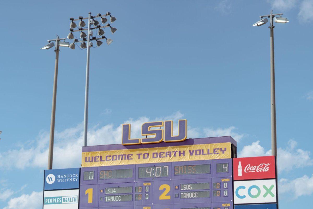 The LSU beach volleyball scoreboard welcomes players and visitors to &#8220;Death Volley&#8221; on Saturday, March 25, 2023, at the beach volleyball stadium on Cypress Drive.